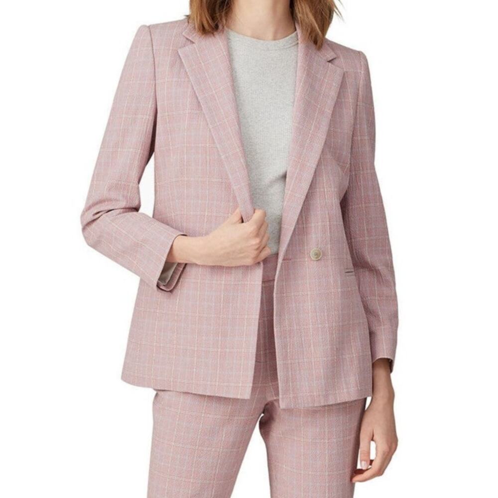 Rebecca Taylor Tailored Rose Plaid Blazer Pink Button Front Notch Collar Sz 10